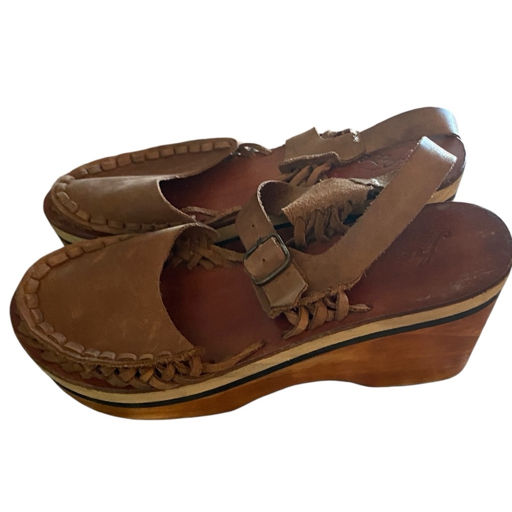 Free People Brown Leather Woven Platform Clog Mules